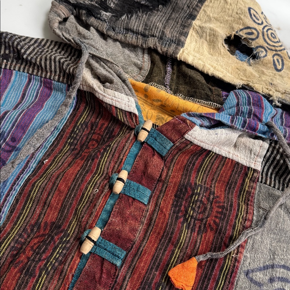 Bohemian Patchwork Distressed Pull Over Hooded Sw… - image 6